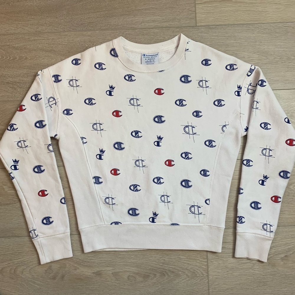 Champion Women's Reverse Weave Allover Print Crewneck Sweatshirt White/Red/Blue